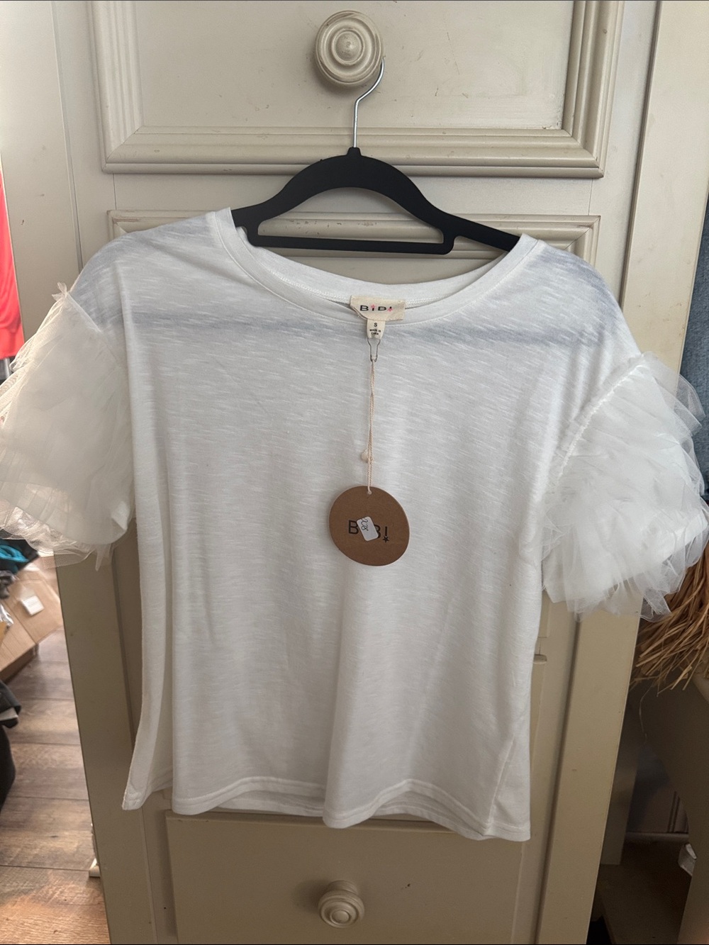 BiBi White Short Sleeve Tee with Ruffle Tulle Sleeves